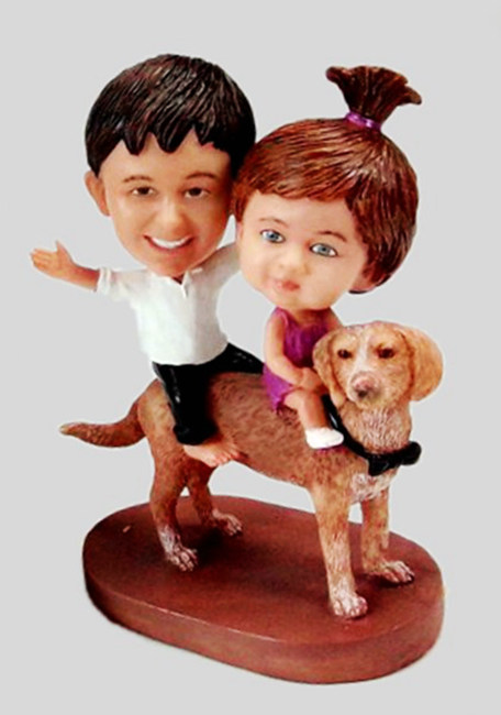 Custom Kids bobbleheads sister and brother sitting on dog