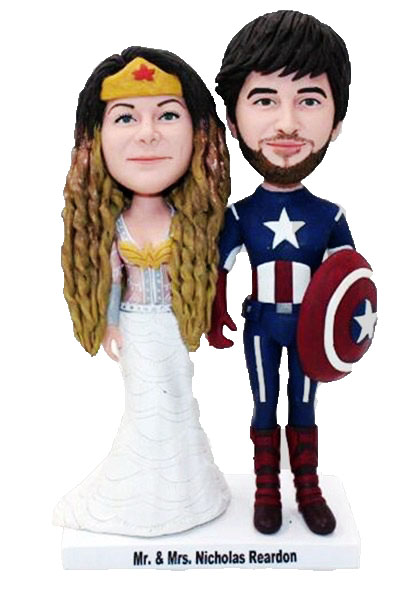 Superhero wedding bobbleheads cake topper